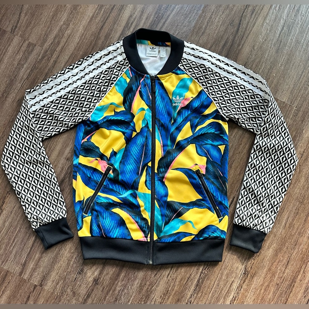 adidas Originals x Farm Rio Passinho Blue/Yellow Big Leaf Track Jacket. Size XS - Picture 8 of 16